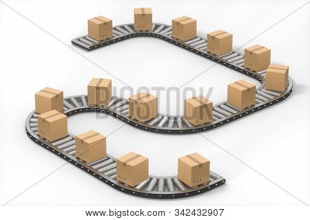 Boxes Moving On The Conveyor Belt, 3D Rendering.