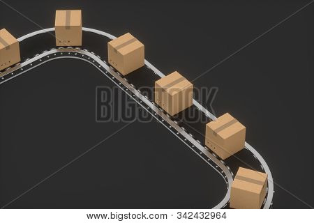 Boxes Moving On The Conveyor Belt, 3D Rendering.