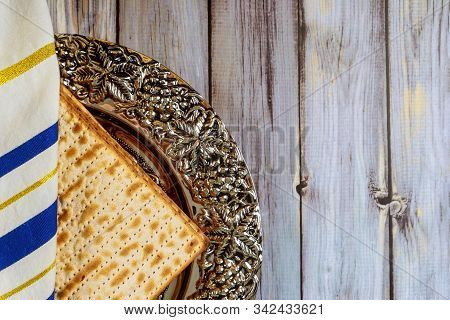 Jewish Pesah Celebrating, Matzoh And Traditional Seder Plate With Tallit, Passover Holiday