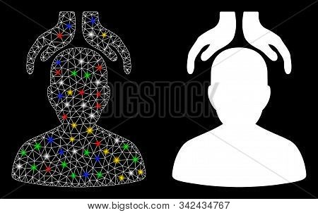 Flare Mesh Psychiatry Hands Icon With Glare Effect. Abstract Illuminated Model Of Psychiatry Hands. 