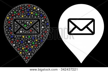 Glossy Mesh Post Office Marker Icon With Lightspot Effect. Abstract Illuminated Model Of Post Office