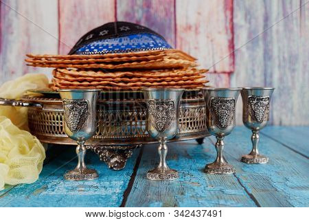 Jewish Pesah Holiday Matzoh Unleavened Bread With Kiddush Four Cup Of Wine And Kipah
