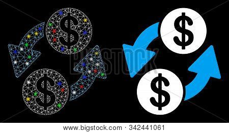 Flare Mesh Dollar Exchange Icon With Lightspot Effect. Abstract Illuminated Model Of Dollar Exchange