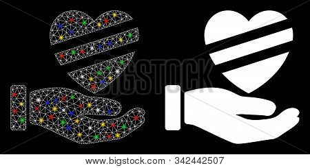 Glossy Mesh Sick Heart Care Hand Icon With Glow Effect. Abstract Illuminated Model Of Sick Heart Car