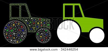 Glowing Mesh Wheeled Tractor Icon With Glow Effect. Abstract Illuminated Model Of Wheeled Tractor. S