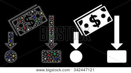 Glossy Mesh Cash Flow Icon With Glitter Effect. Abstract Illuminated Model Of Cash Flow. Shiny Wire 