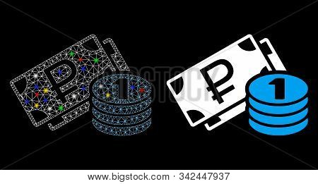 Glossy Mesh Rouble Cash Icon With Glitter Effect. Abstract Illuminated Model Of Rouble Cash. Shiny W