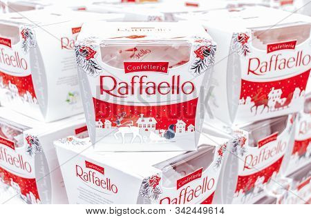 Samara, Russia - December 14, 2019: Raffaello Chocolate On The Shelf In Grocery Store. Raffaello Is 