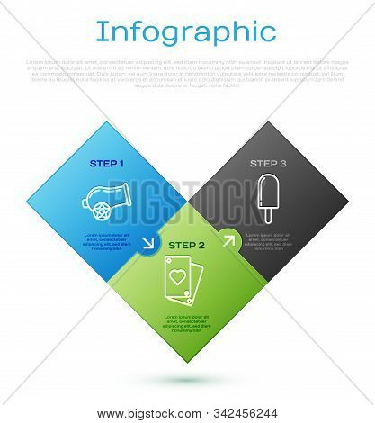 Set Line Cannon, Ice Cream, Playing Card And Curtain. Business Infographic Template. Vector