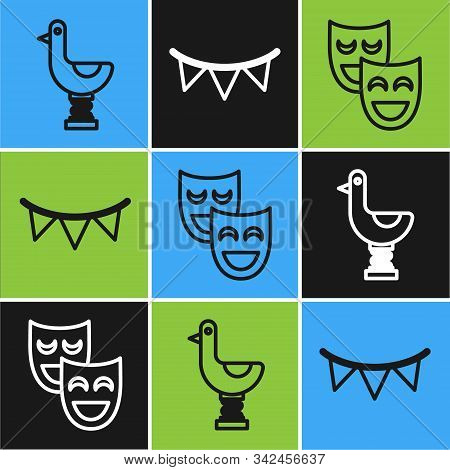 Set Line Riding Kid Duck, Comedy Theatrical Masks And Carnival Garland With Flags Icon. Vector