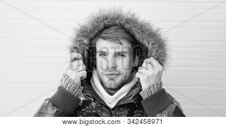 Keep Warm. Comfortable Winter Clothing. Winter Stylish Menswear. Man Bearded Hipster Wear Warm Jacke
