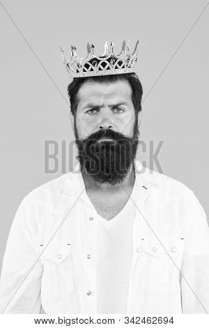 Costume Party. Bearded Man Wear White. Love Yourself. Hipster Man King Costume Party. Brutal And Han