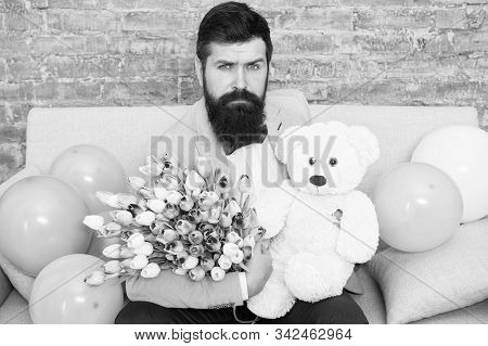 Macho Getting Ready Romantic Date. Man Wear Blue Tuxedo Bow Tie Hold Flowers Bouquet. Best Boyfriend