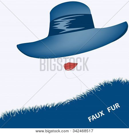 Faux Fur . Female Image, Red Lips, Elegant Blue Hat And Long-fur Fur Cape - Isolated On White Backgr