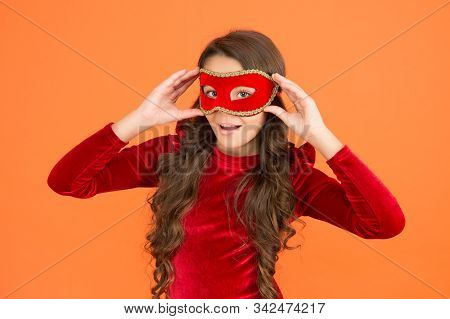 Incognito Mode. Kid Wear Eye Mask. Girl Wear Mask Orange Background. Winter Event And Entertainment.
