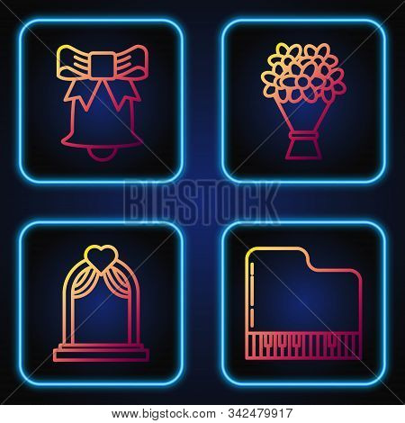 Set Line Grand Piano, Wedding Arch, Ringing Bell And Bouquet Of Flowers. Gradient Color Icons. Vecto
