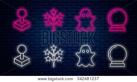 Set Line Fireworks, Ghost, Joystick For Arcade Machine And Magic Ball. Glowing Neon Icon On Brick Wa