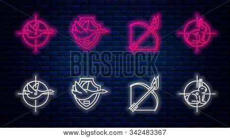 Set Line Flying Duck On Shield, Bow And Fire Arrow, Hunt On Duck With Crosshairs And Hunt On Rabbit 