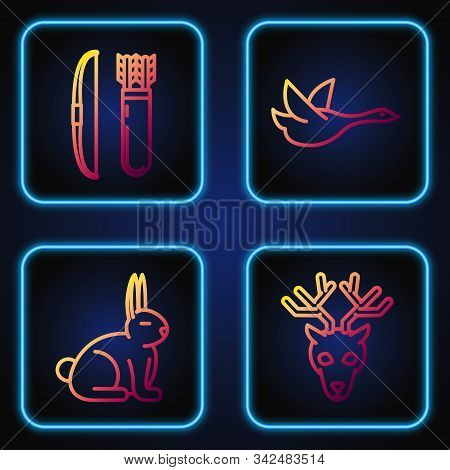 Set Line Deer Head With Antlers, Rabbit, Bow And Arrow In Quiver And Flying Duck. Gradient Color Ico