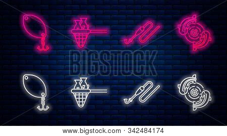 Set Line Fishing Net With Fish, Fishing Line With Hook And Float, Fishing Spoon And Fish. Glowing Ne