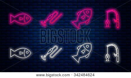 Set Line Fishing Line With Hook And Float, Fish, Fish And Fishing Rod And Fish. Glowing Neon Icon On