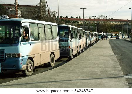 Istanbul, Turkey - December 26, 2009: Row Of Dolmus Minivans Waiting For Passengers In Harem Bus Sta