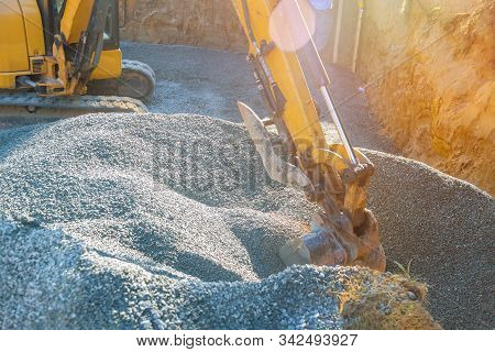 Foundation Of The House Moving Gravel Excavator In The Construction Works