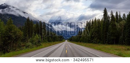 Beautiful Panoramic View Of Yellowhead Highway With Mount Robson In The Background During A Cloudy S