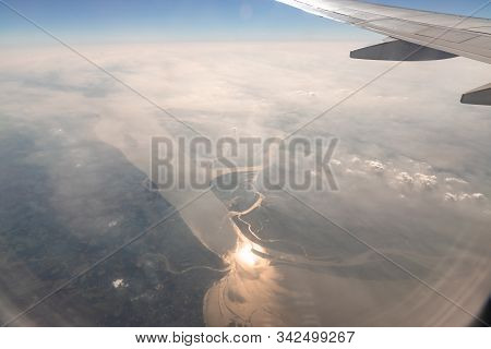 Aerial View Of The Magnificent Bramhaputra River In Bangladesh From The Airplane. Selective Focus.