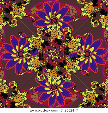 Elegant Flowers Bouquet Watercolor On A Violet, Yellow And Brown Colors. Vector Illustration. Flat F
