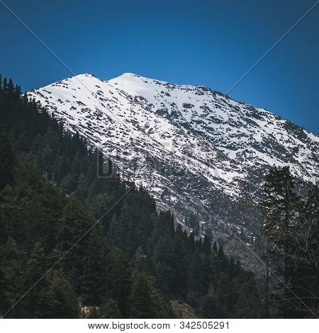 A Snow Covered Mountain Peak In The Backdrop Of A Pine Forest In Ganderbal, Kashmir