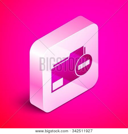 Isometric Document Folder With Minus Icon Isolated On Pink Background. Clear Document. Remove File D