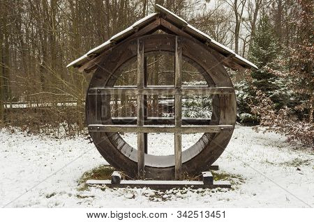 Exposed Wooden Water Mill Impeller With Canopy In Winter In Roznov Pod Radhostem In Czech Republic
