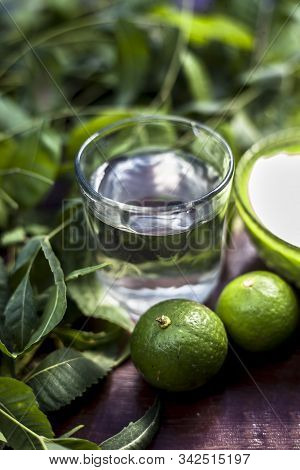 Hair Remedy Of All-purpose Ayurvedic Medicinal Herb I.e. Neem Or Nim Or Indian Lilac In A Glass Bowl