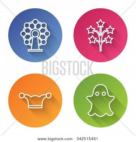Set Line Ferris Wheel, Fireworks, Jester Hat With Bells And Ghost. Color Circle Button. Vector