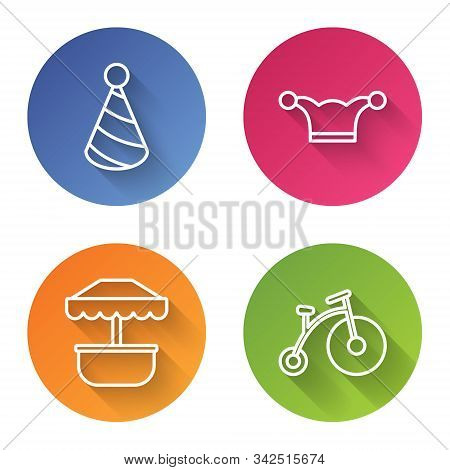 Set Line Party Hat, Jester Hat With Bells, Attraction Carousel And Vintage Bicycle With One Big Whee