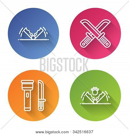 Set Line Trap Hunting, Crossed Hunter Knife, Flashlight And Knife And Trap Hunting. Color Circle But