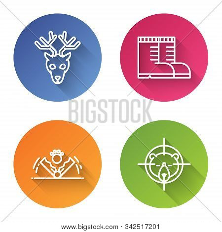 Set Line Deer Head With Antlers, Hunter Boots, Trap Hunting And Hunt On Bear With Crosshairs. Color 