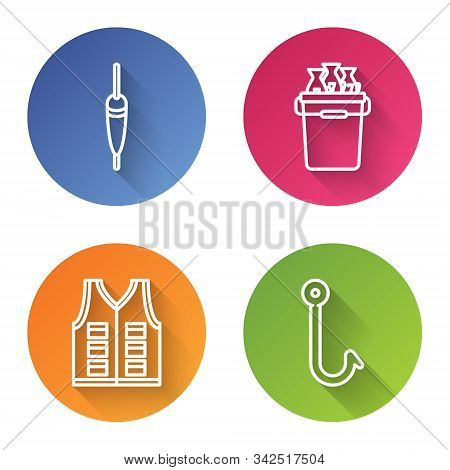 Set Line Fishing Float, Fishing Bucket With Fishes, Fishing Jacket And Fishing Hook. Color Circle Bu