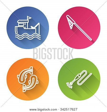 Set Line Fishing Boat With Fishing Rod On Water, Fishing Net, Fish And Fishing Line With Hook And Fl