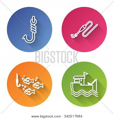 Set Line Fishing Line With Hook And Float, Fishing Hook Under Water With Fish And Fishing Boat With 