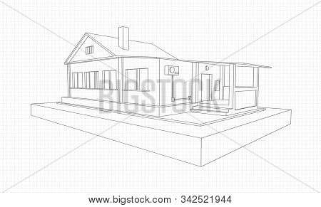 Technical Drawing Of A Gray Country Cottage On A Notebook Sheet