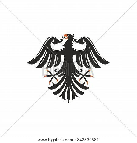 Heraldic Eagle Isolated Bird With Open Wings. Vector Black Falcon Or Hawk With Spread Feather Tail