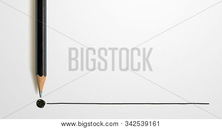Black Colour Pencil With Outline To End Point On White Background. Creativity Inspiration Ideas Conc
