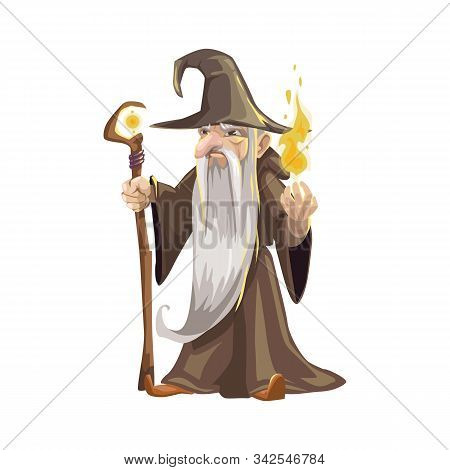 Wizard Icon, Halloween Character Isolated Vector. Elderly Man With Scepter And Flame