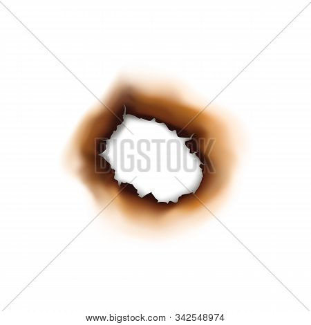 Paper Sheet Damaged By Fire Isolated Burnt Hole. Burnt Hole In Sheet Of Paper Isolated Damaged By Fi