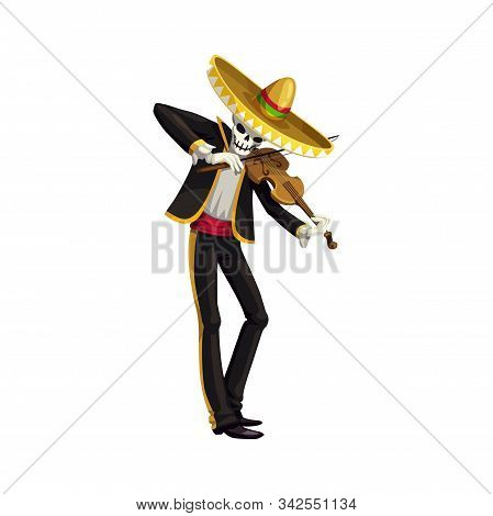Mexican Mariachi, Dead Skeleton Playing On Violin. Vector Dead Man Skull In Sombrero Hat And Mexico 