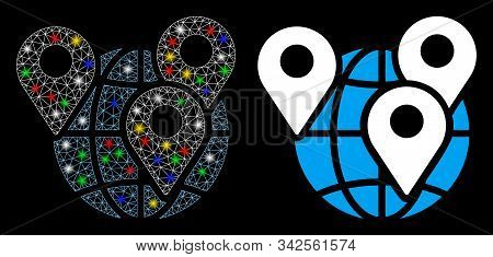 Glossy Mesh Geo Targeting Icon With Glitter Effect. Abstract Illuminated Model Of Geo Targeting. Shi