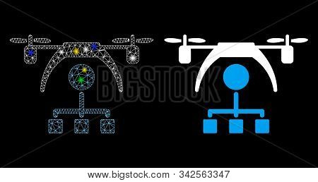 Glossy Mesh Copter Distribution Scheme Icon With Glitter Effect. Abstract Illuminated Model Of Copte