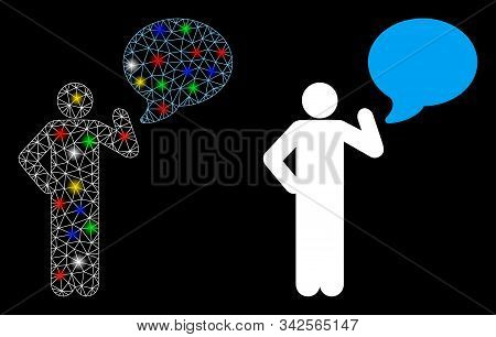Glowing Mesh Man Idea Balloon Icon With Glare Effect. Abstract Illuminated Model Of Man Idea Balloon